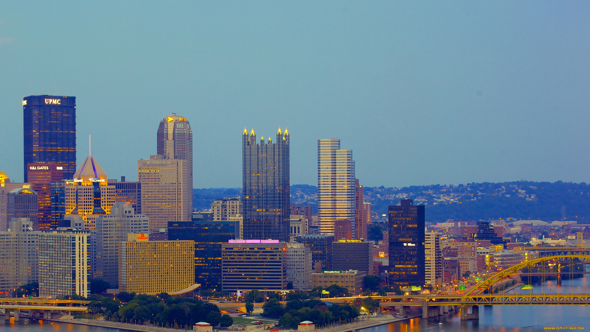 pittsburgh, usа, города, -, панорамы, мост, дома, река, usа, pittsburgh