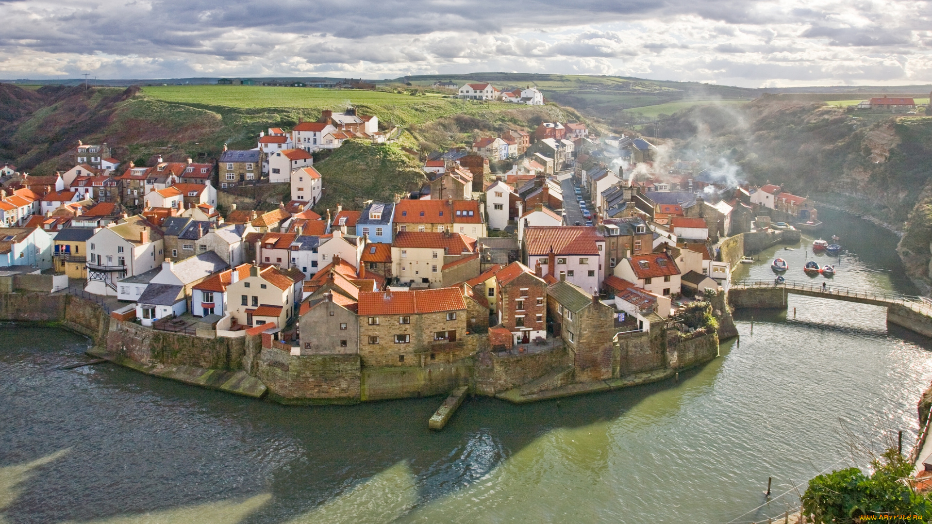 staithes, , england, города, -, панорамы, англия, england, мост, река, здания, панорама