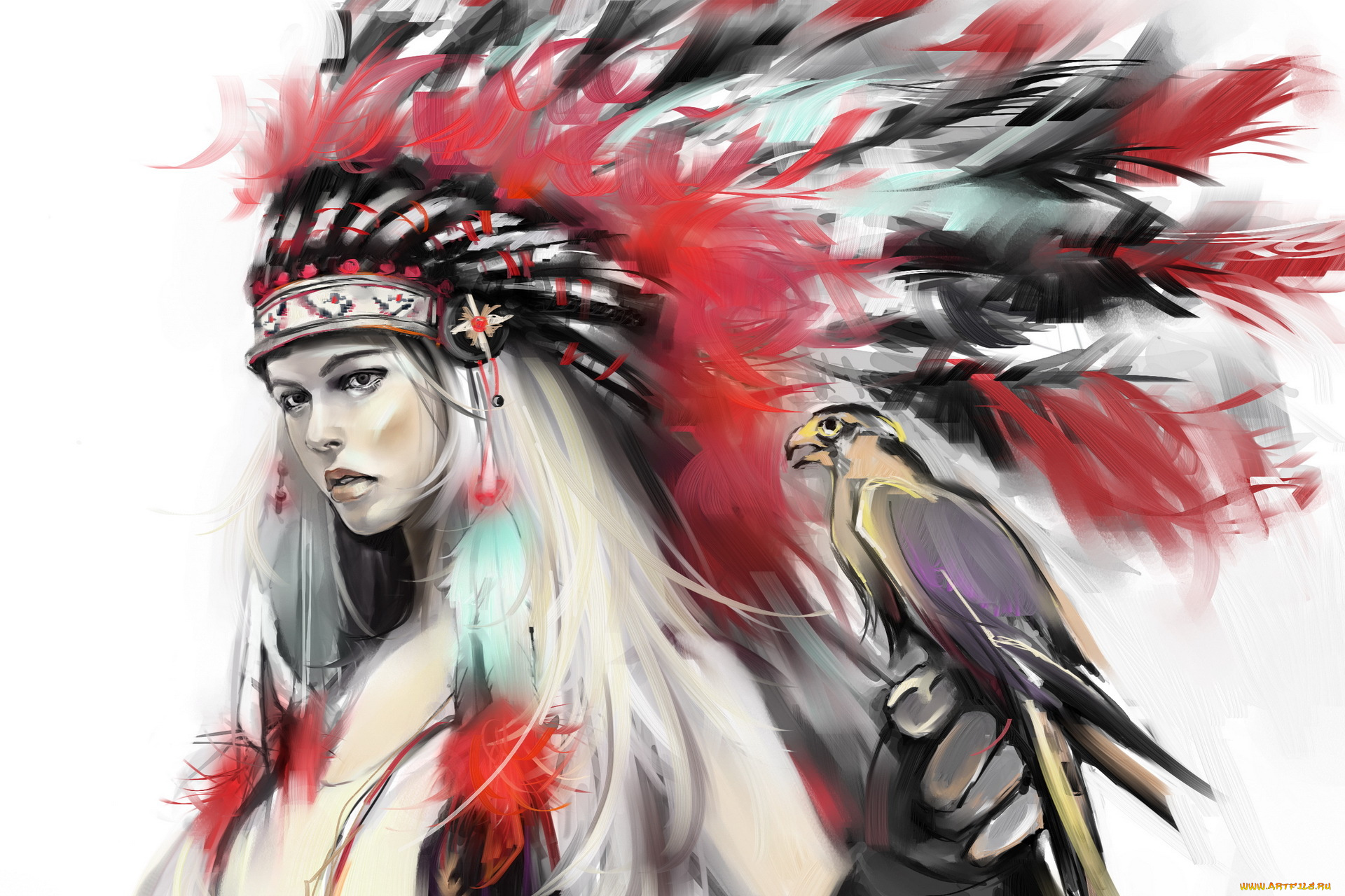 фэнтези, девушки, роуч, перья, сокол, птица, девушка