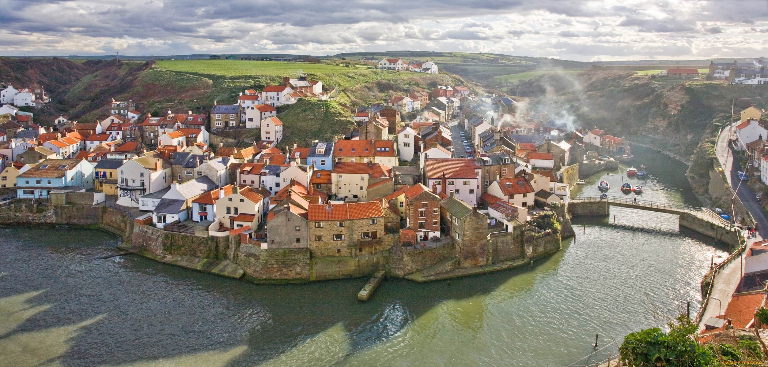 staithes, , england, города, -, панорамы, англия, england, мост, река, здания, панорама