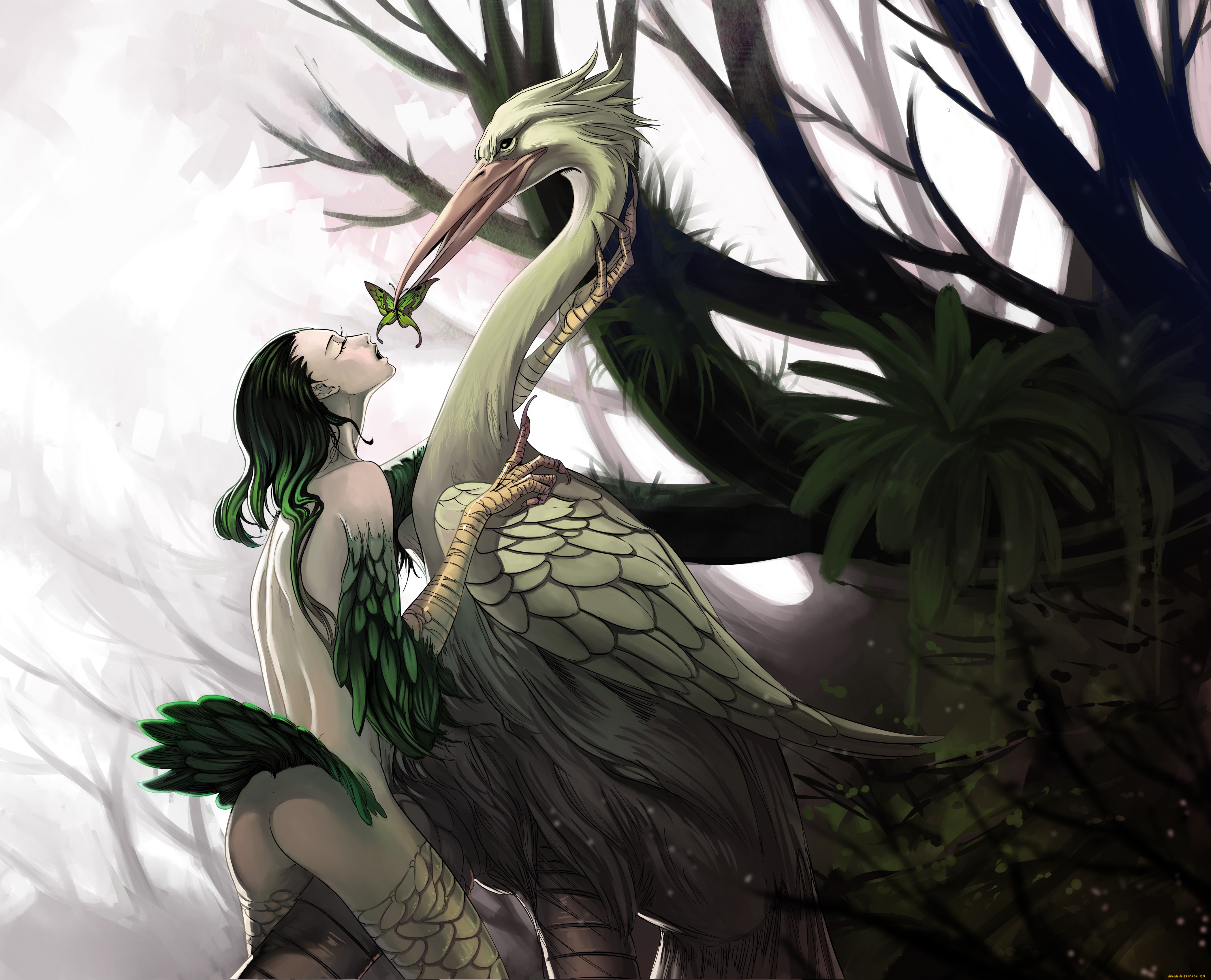 фэнтези, существа, лес, деревья, цапля, бабочка