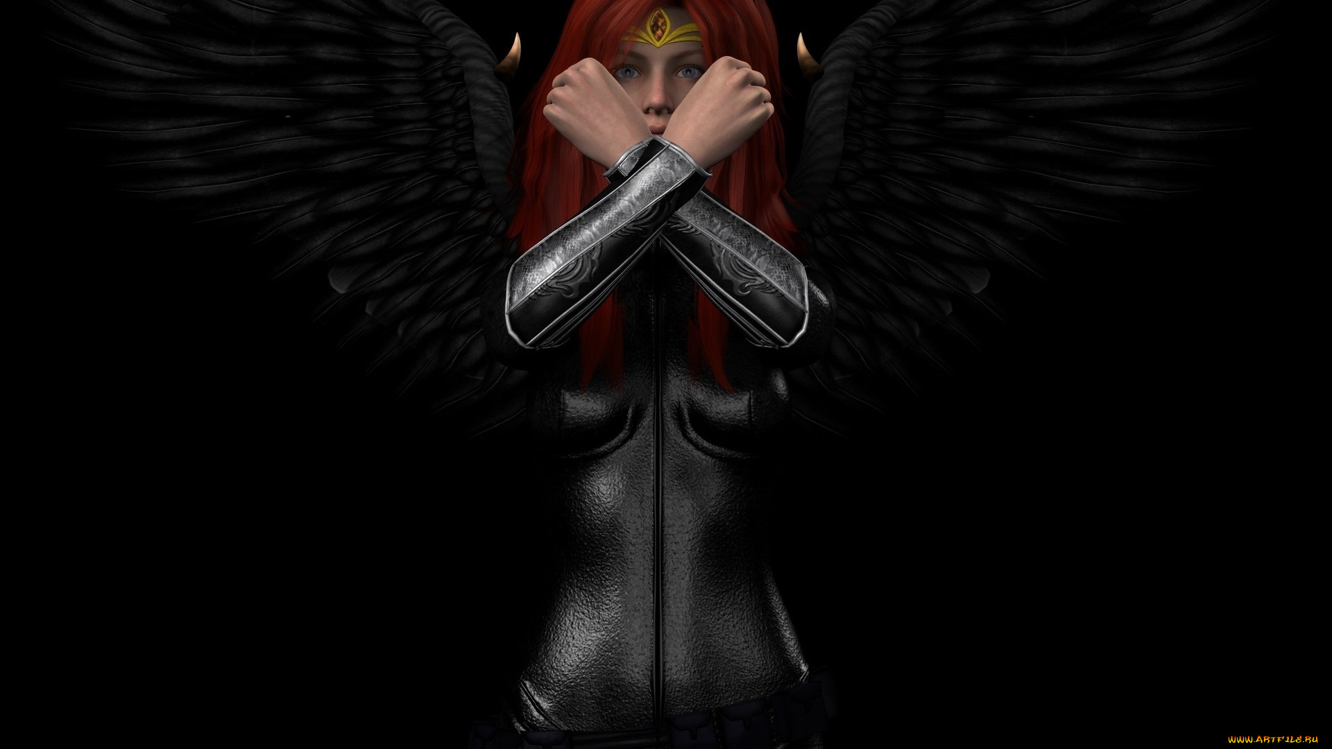 3д, графика, существа, , creatures, демон, крылья, рыжая, взгляд, фон, девушка