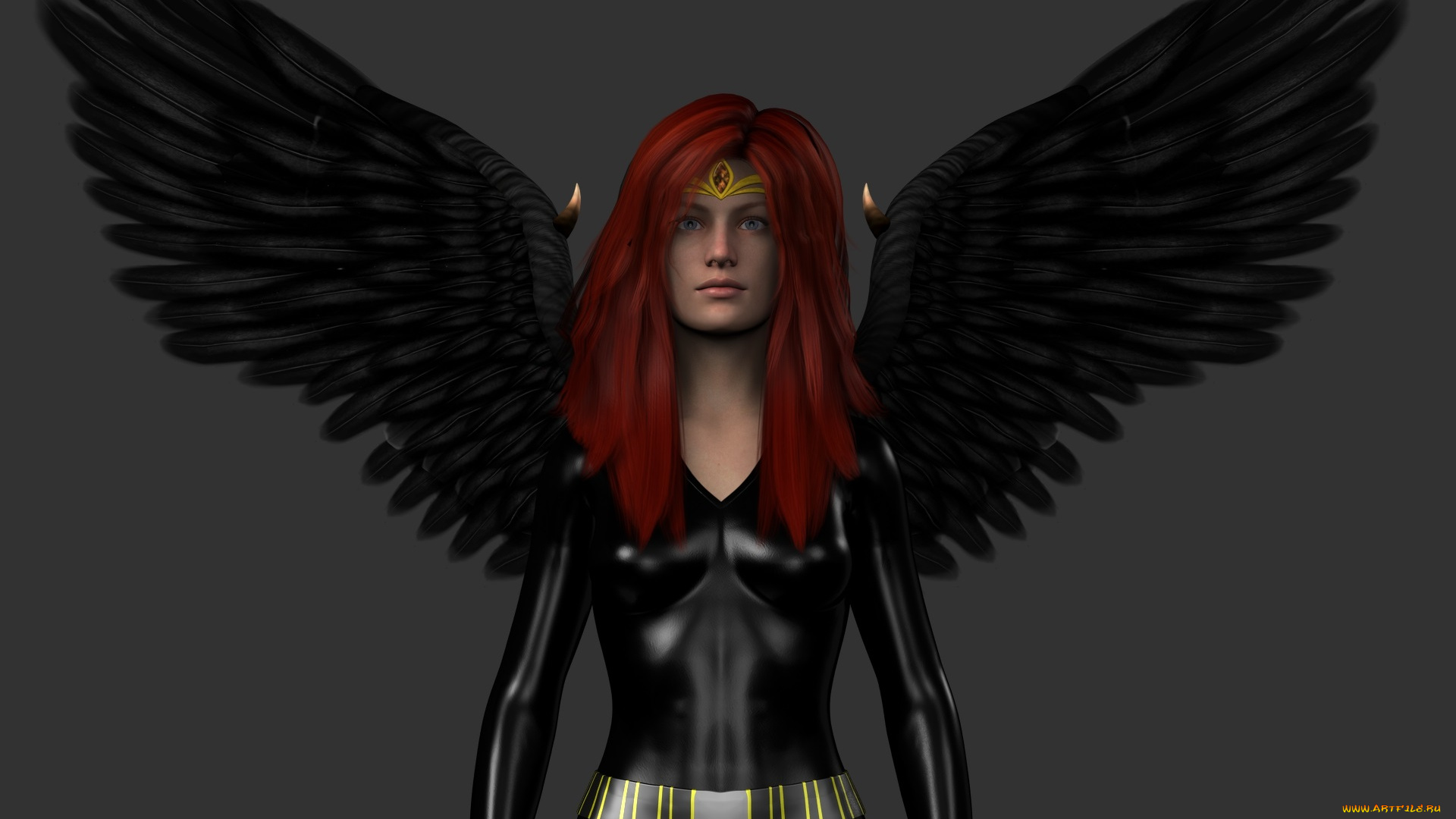 3д, графика, существа, , creatures, взгляд, фон, рыжая, крылья, демон, девушка