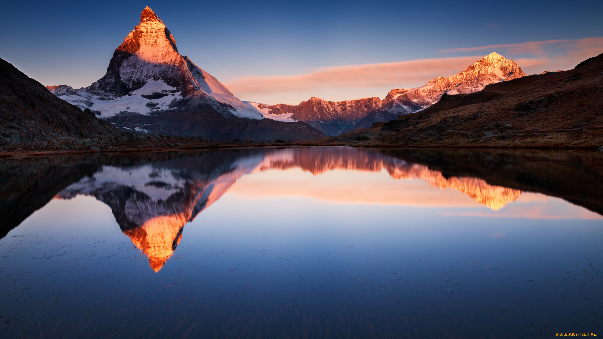 природа, реки, озера, закат, небо, отражение, горы, озеро