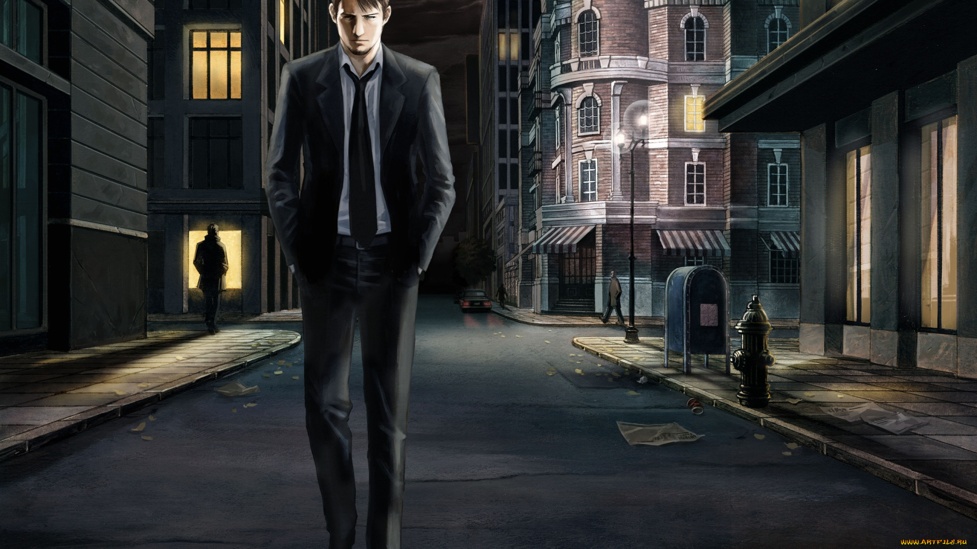 рисованное, люди, одиночество, город, улица, парень