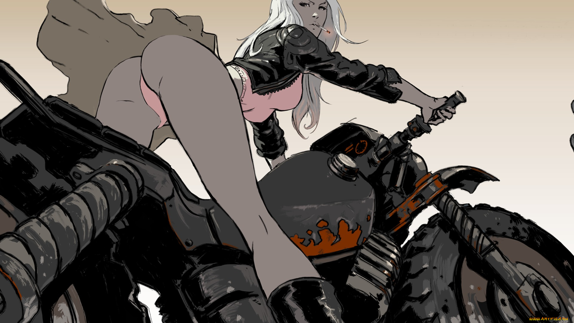 рисованное, люди, сигарета, мотоцикл, девушка, байк, трусики, попа, юбка, арт