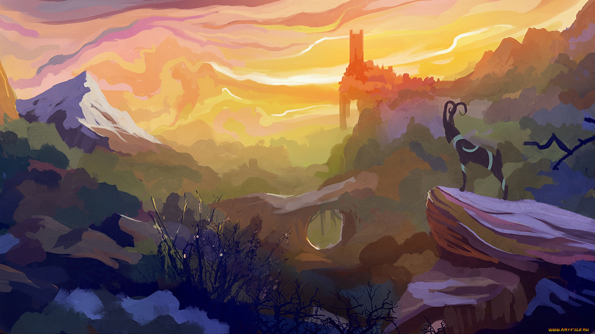 рисованное, природа, деревья, горы, пейзаж, облака, козел