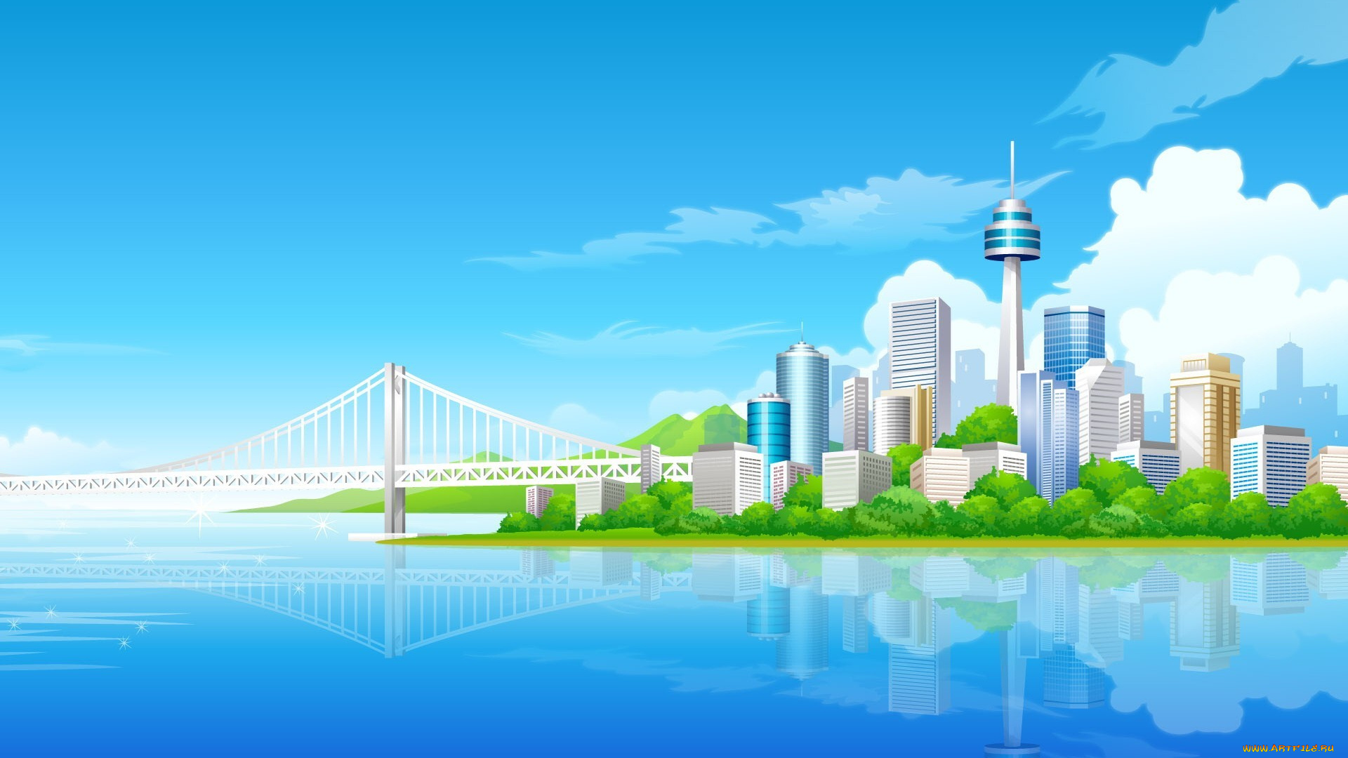 векторная, графика, город, небо, облака, отражения, здания, дома, река, мост, башня