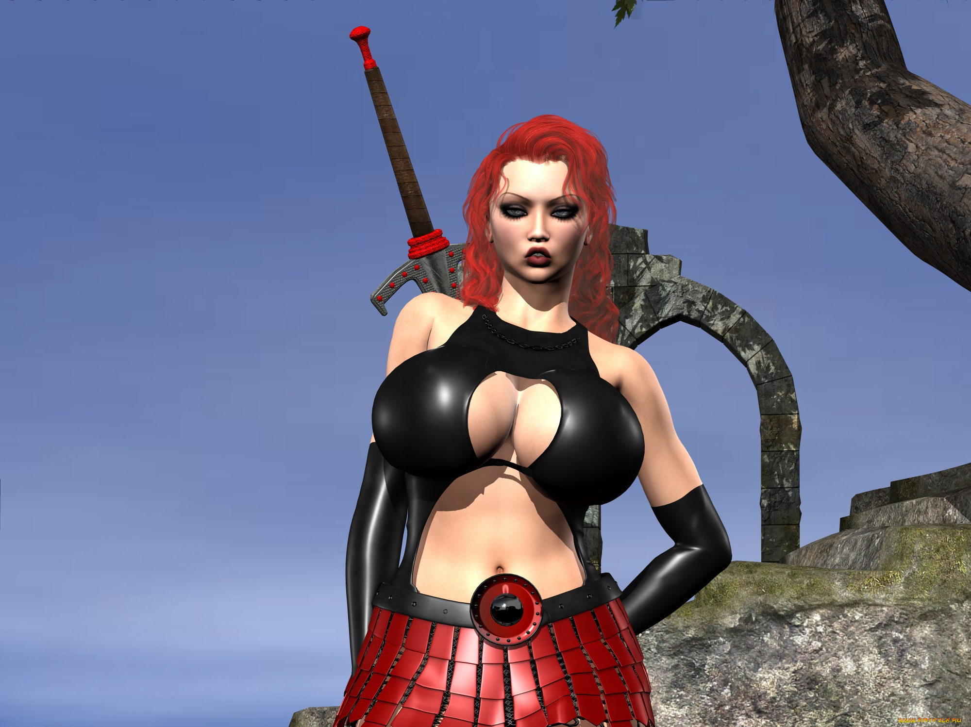 3д, графика, амазонки, , amazon, фон, взгляд, девушка, оружие, рыжая