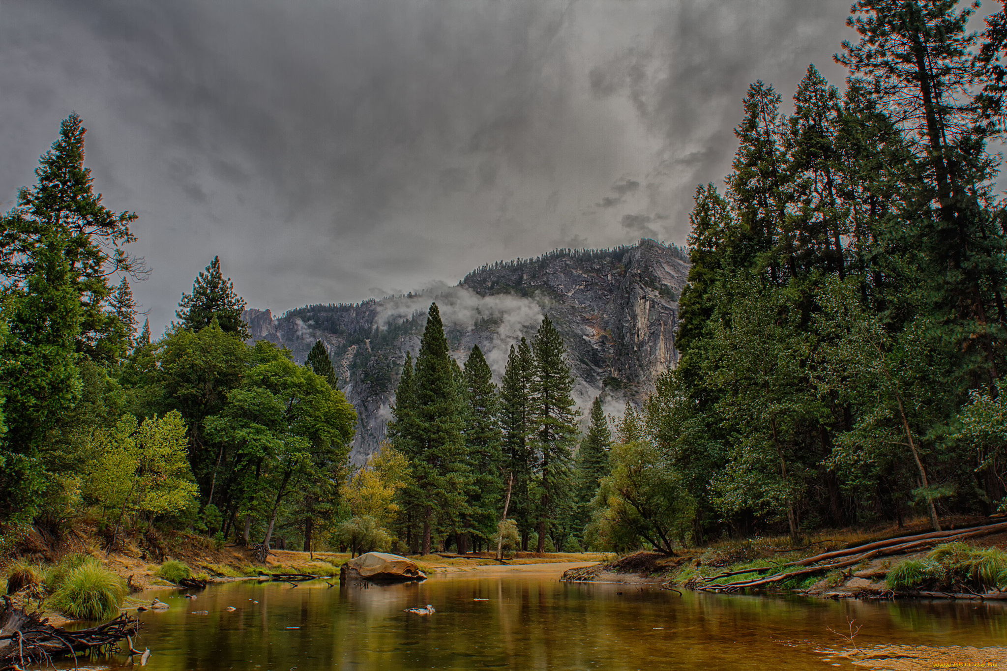 природа, реки, озера, горы, лес, река, тучи