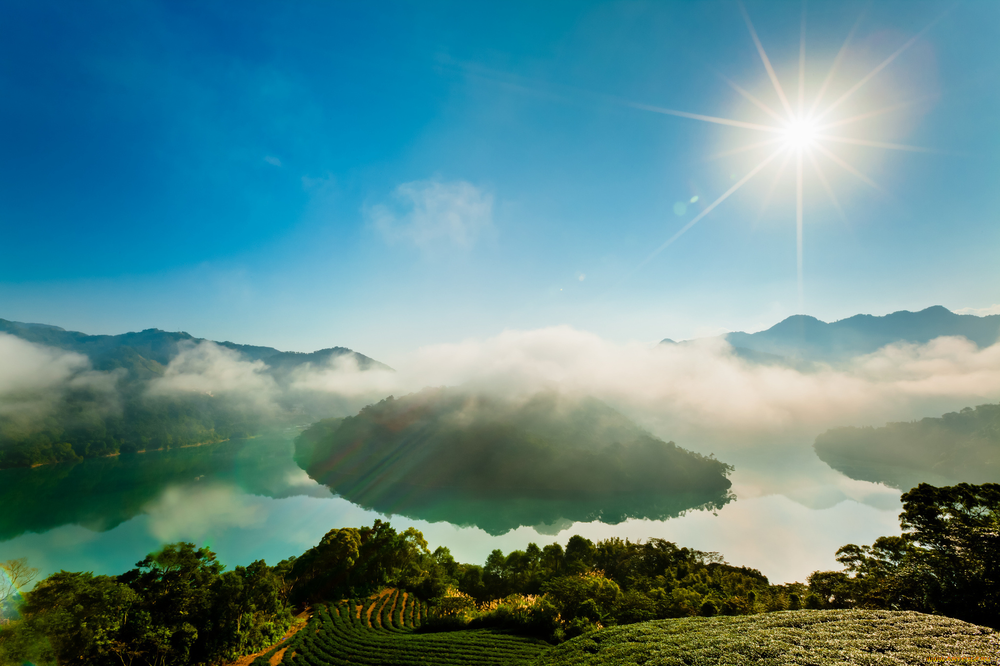 природа, восходы, закаты, плантации, лес, острова, солнце, дымка, река