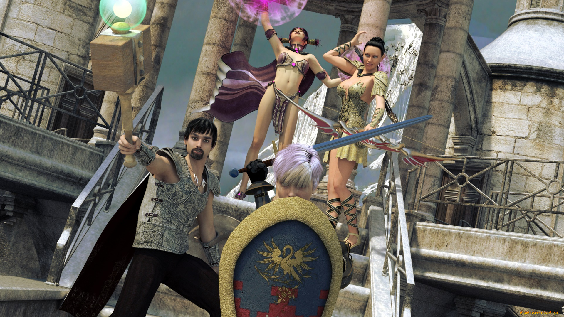 3д, графика, фантазия, , fantasy, фон, взгляд, девушки, магия, парень, оружие