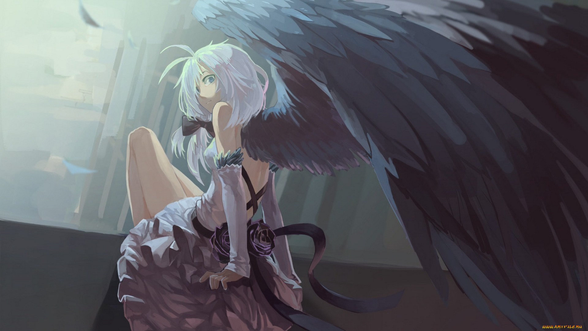 аниме, ангелы, , демоны, xzcpop, арт, девушка, крылья, ангел, цветы, розы, перья, бант