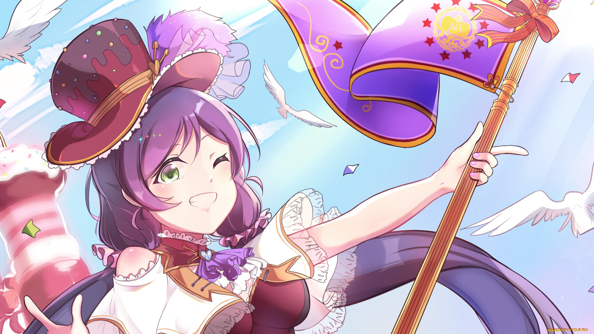 аниме, love, live, , school, idol, project, взгляд, девушка, птицы, флаг, фон