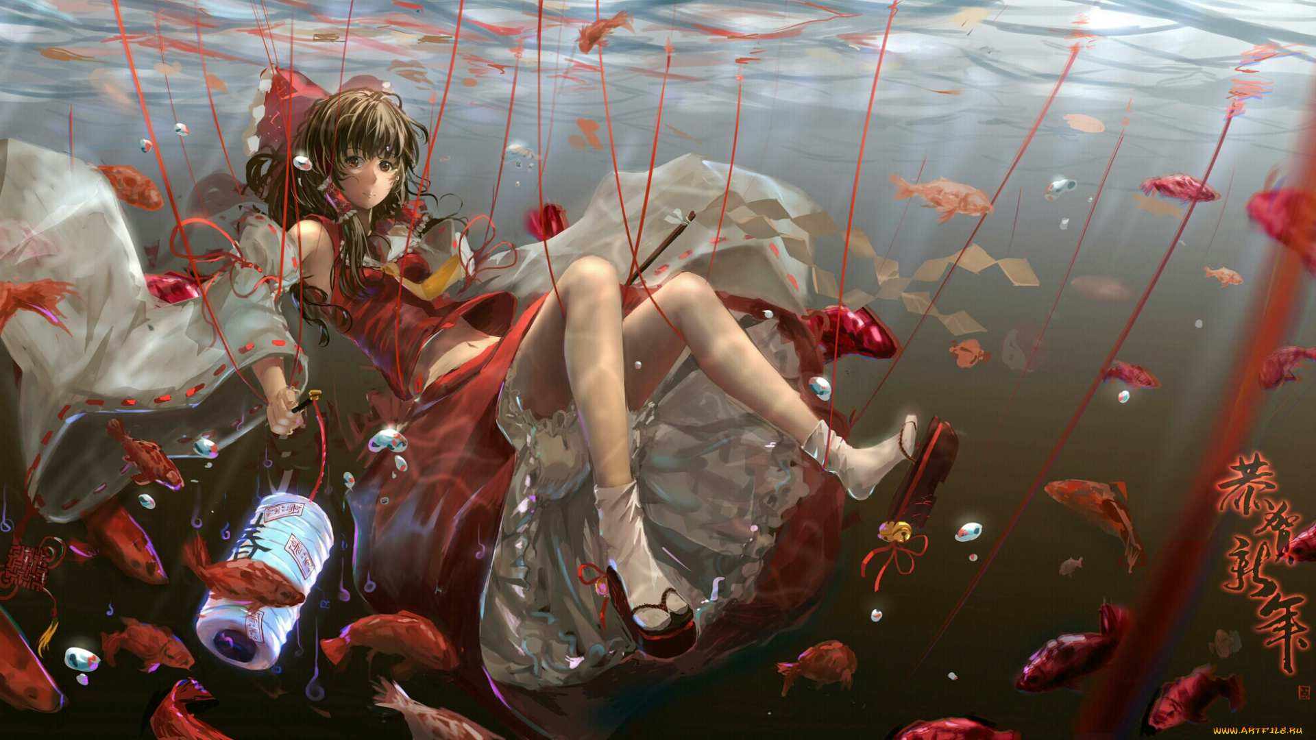 аниме, touhou, hakurei, reimu, luomo, арт, девушка, вода