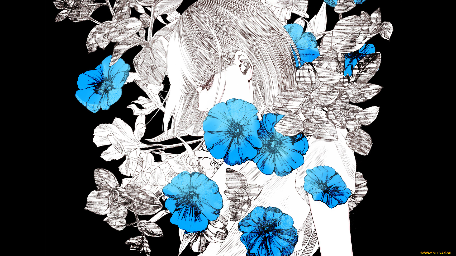 аниме, unknown, , другое, art, kiyohara, hiro, девушка, цветы, черный, фон