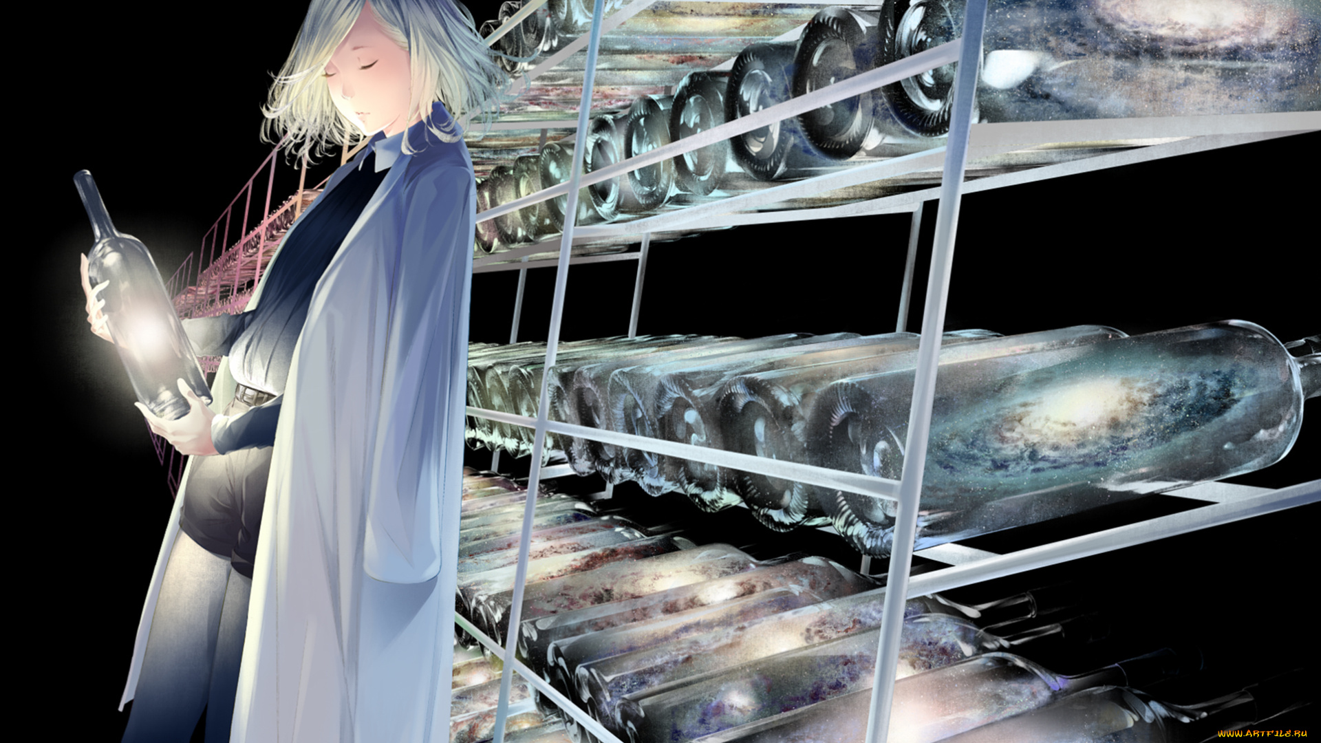 аниме, unknown, , другое, art, sawasawa, девушка, бутылки, свет