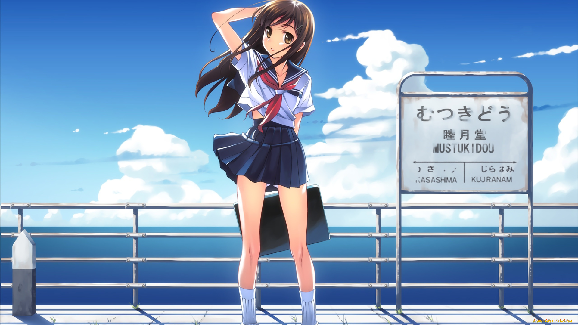 аниме, unknown, , другое, взгляд, девушка, море, фон