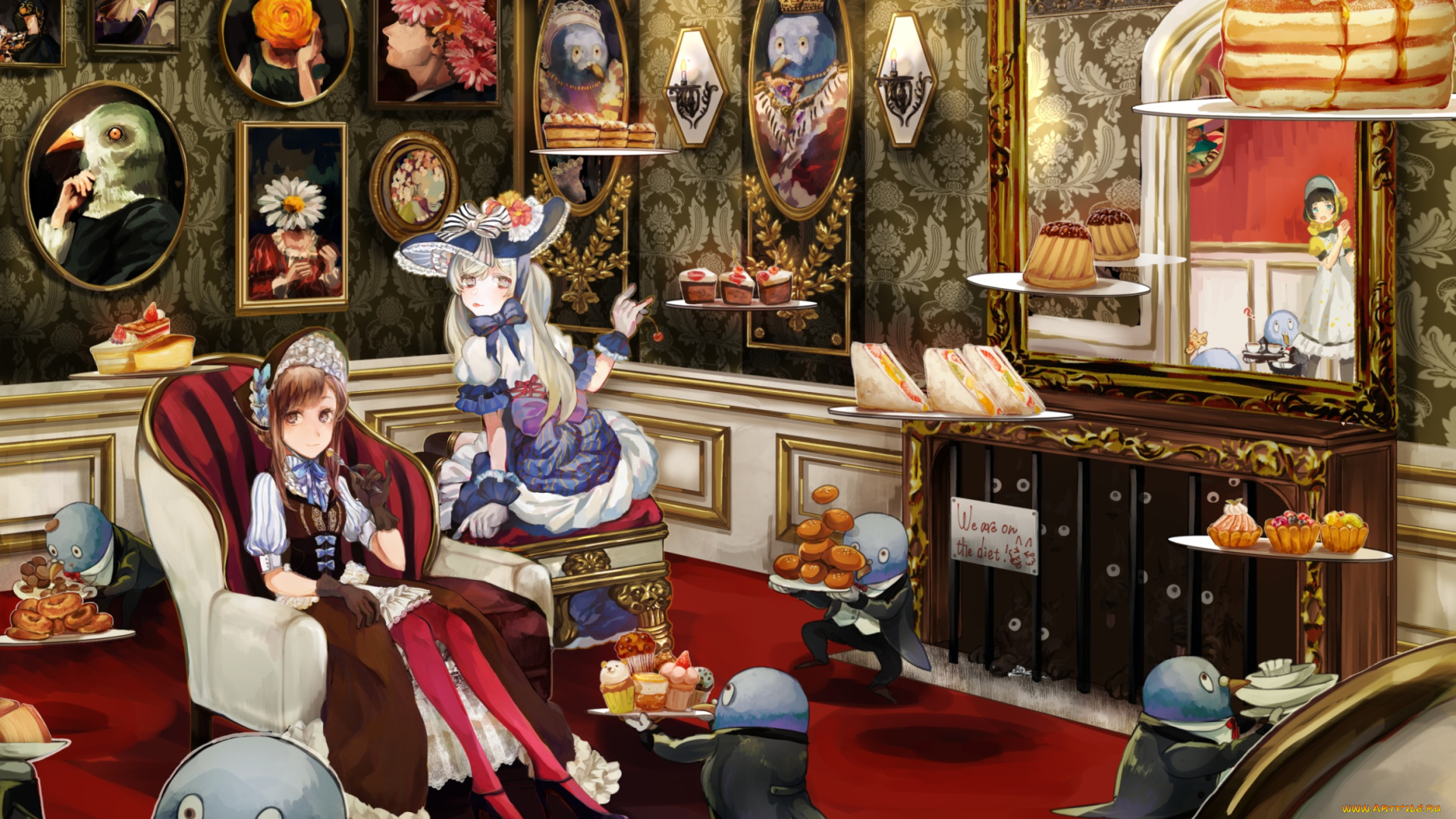 автор, , tomoyami, аниме, животные, , существа, арт, девочки, комната, пингвины, картины