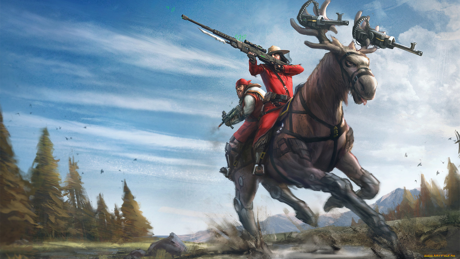 фэнтези, существа, природа, арт, лось, винтовка, оружие, люди, пулеметы