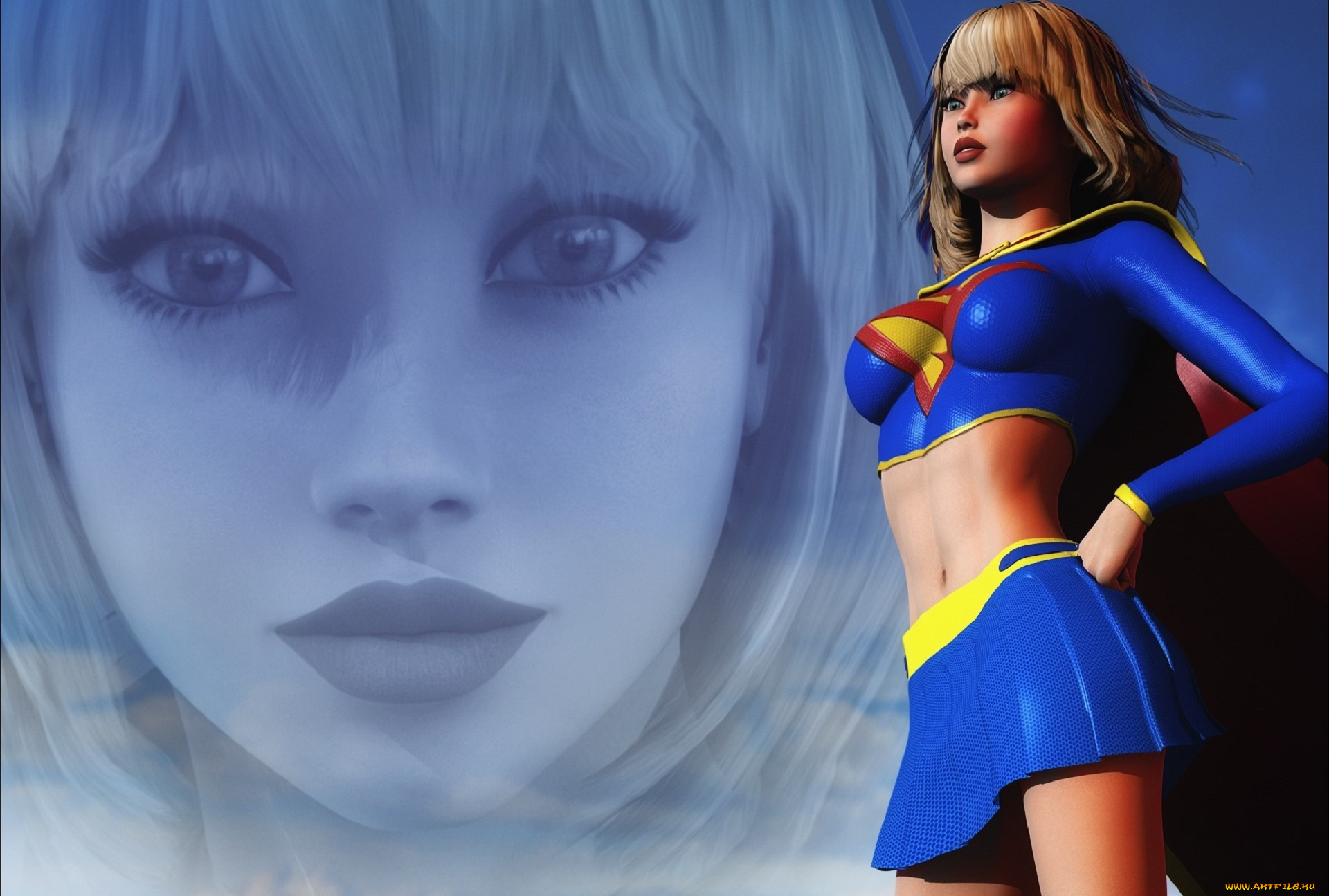 3д, графика, фантазия, , fantasy, супермен, фон, взгляд, девушка