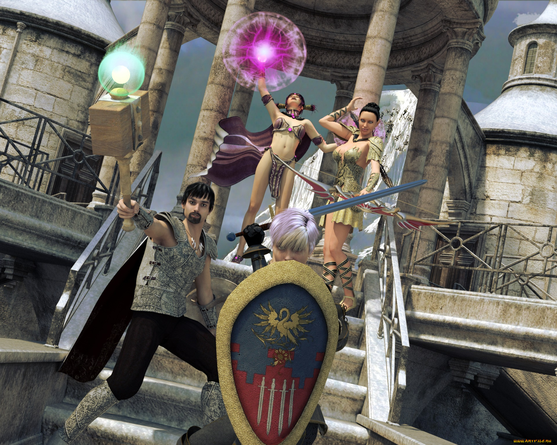 3д, графика, фантазия, , fantasy, фон, взгляд, девушки, магия, парень, оружие