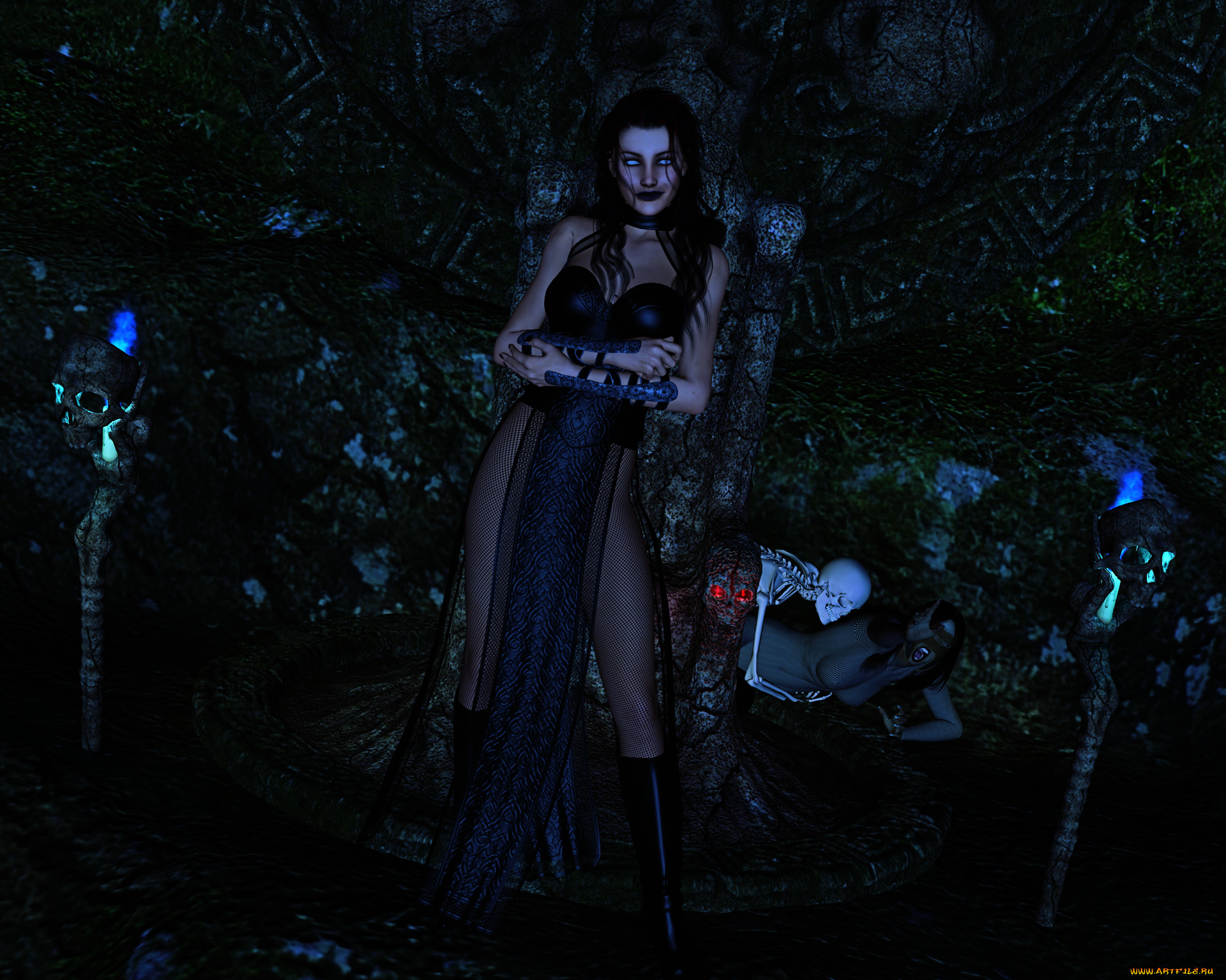 3д, графика, существа, , creatures, девушка, взгляд, фон, скелеты, вампир
