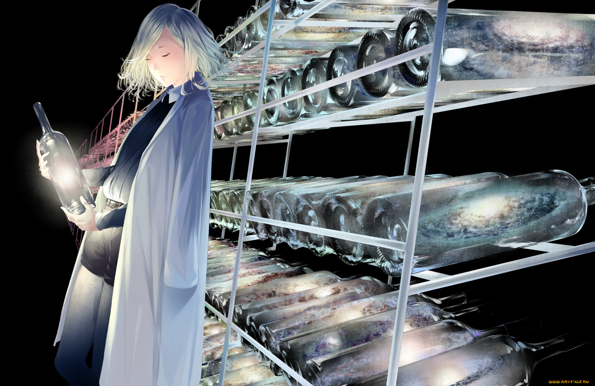 аниме, unknown, , другое, art, sawasawa, девушка, бутылки, свет