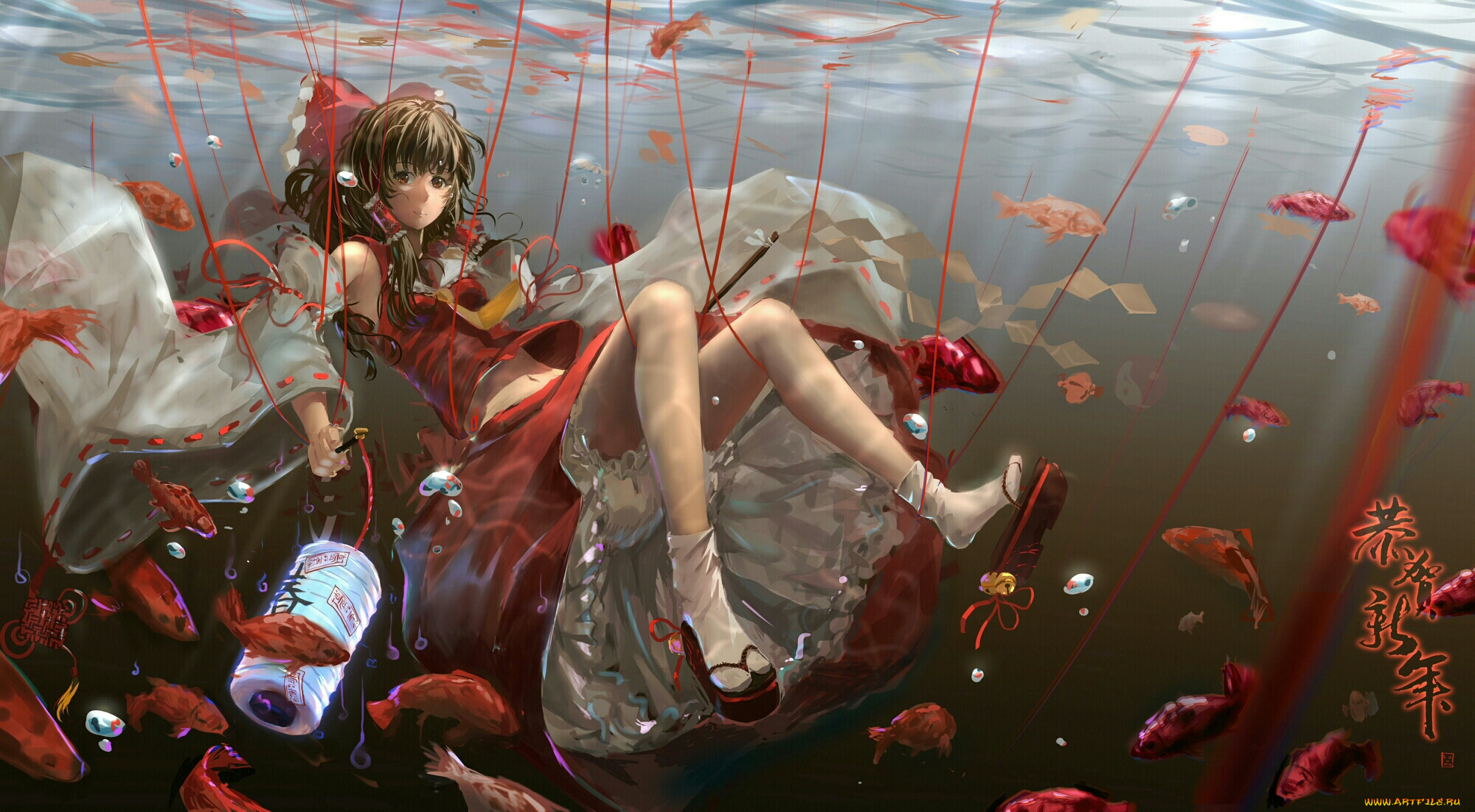 аниме, touhou, hakurei, reimu, luomo, арт, девушка, вода