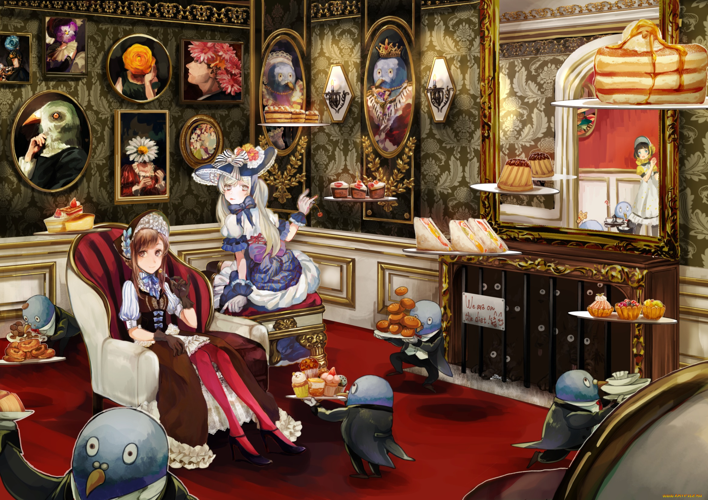 автор, , tomoyami, аниме, животные, , существа, арт, девочки, комната, пингвины, картины