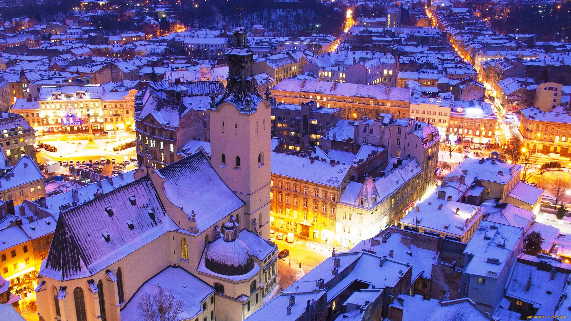 львов, города, -, огни, ночного, города, дома, город, панорама, вечер, здания, огни