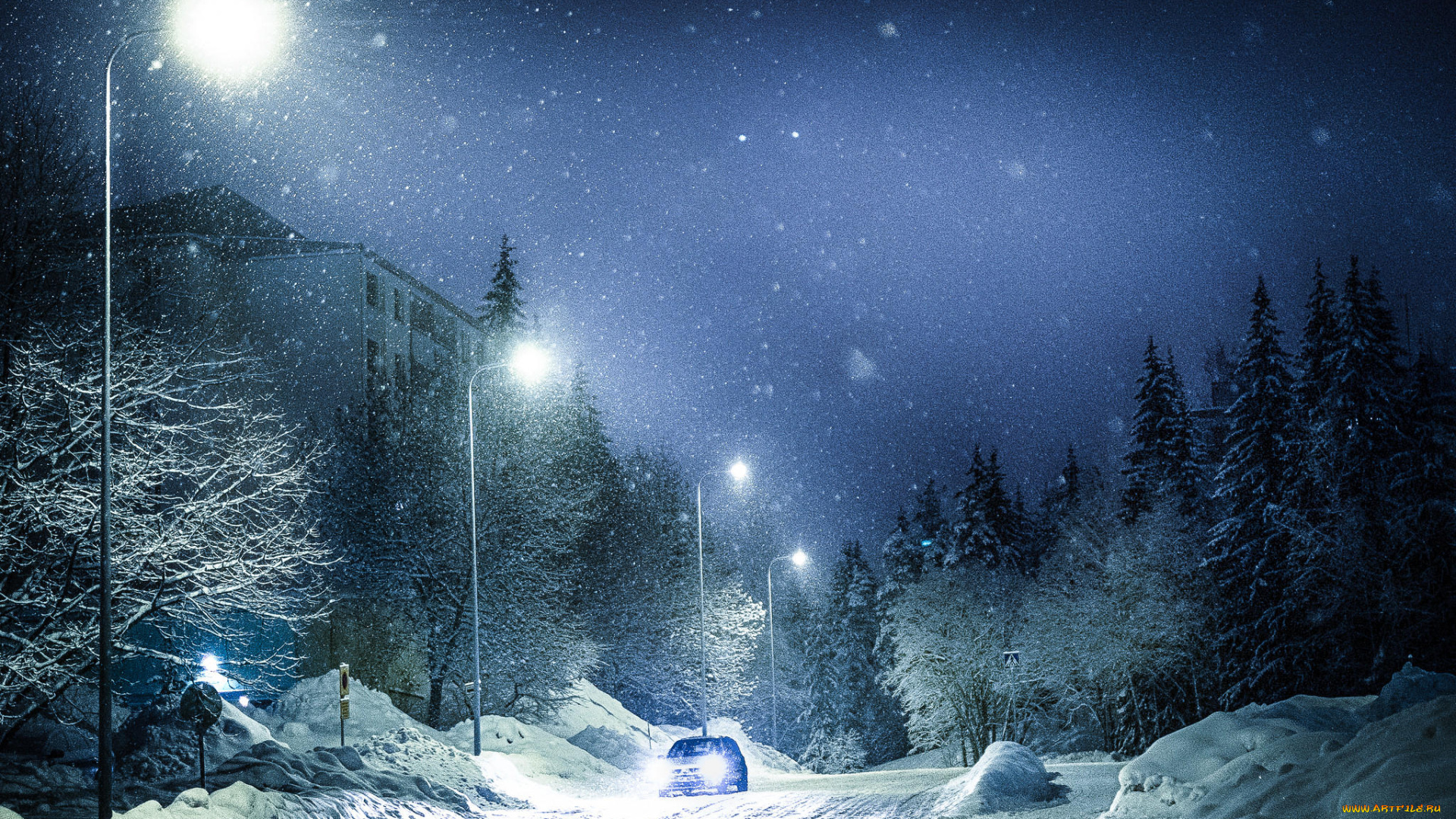 природа, дороги, снег, деревья, дорога, ночь