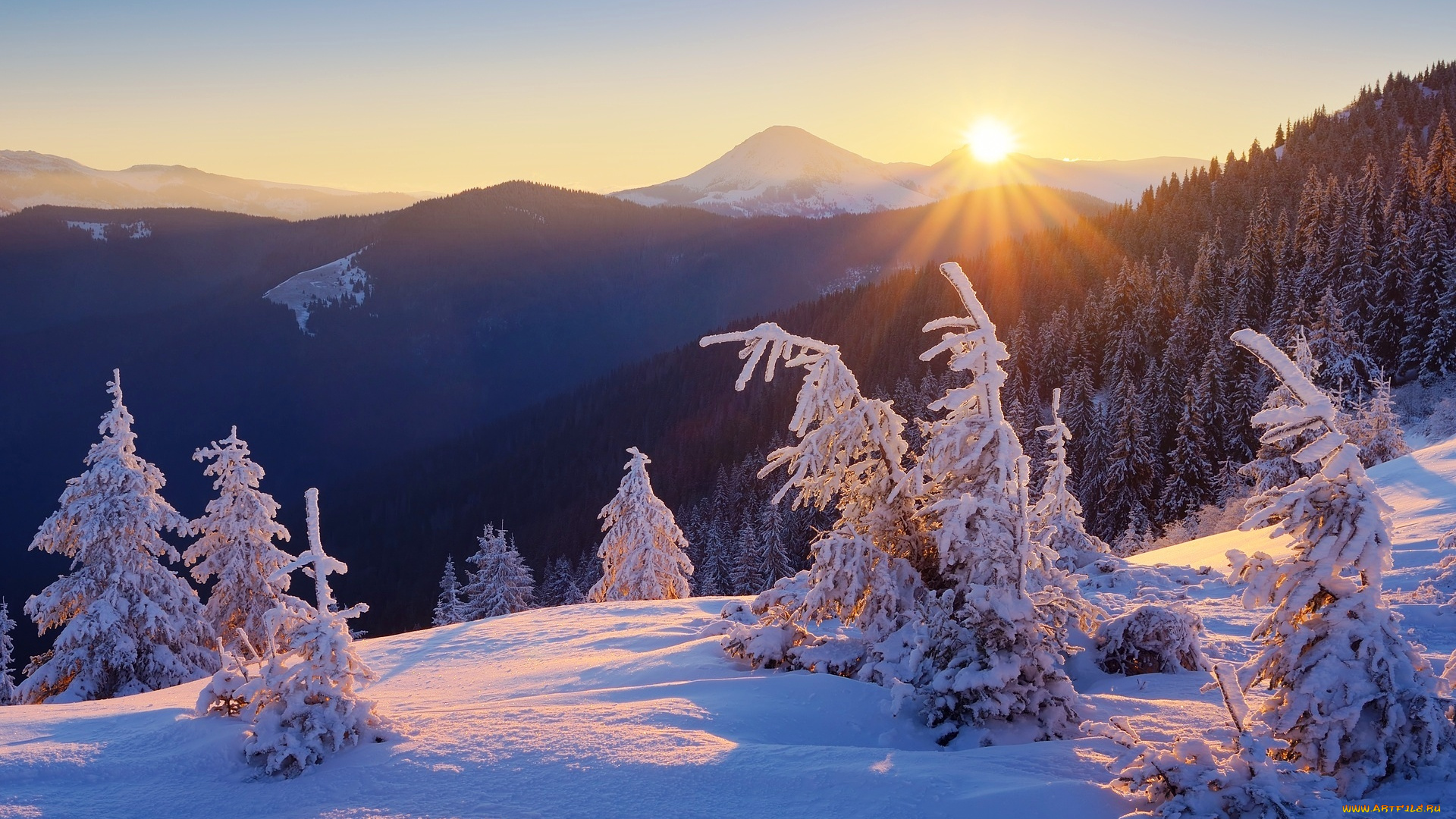 природа, горы, зима, снег, утро, восход, лес, солнце, деревья