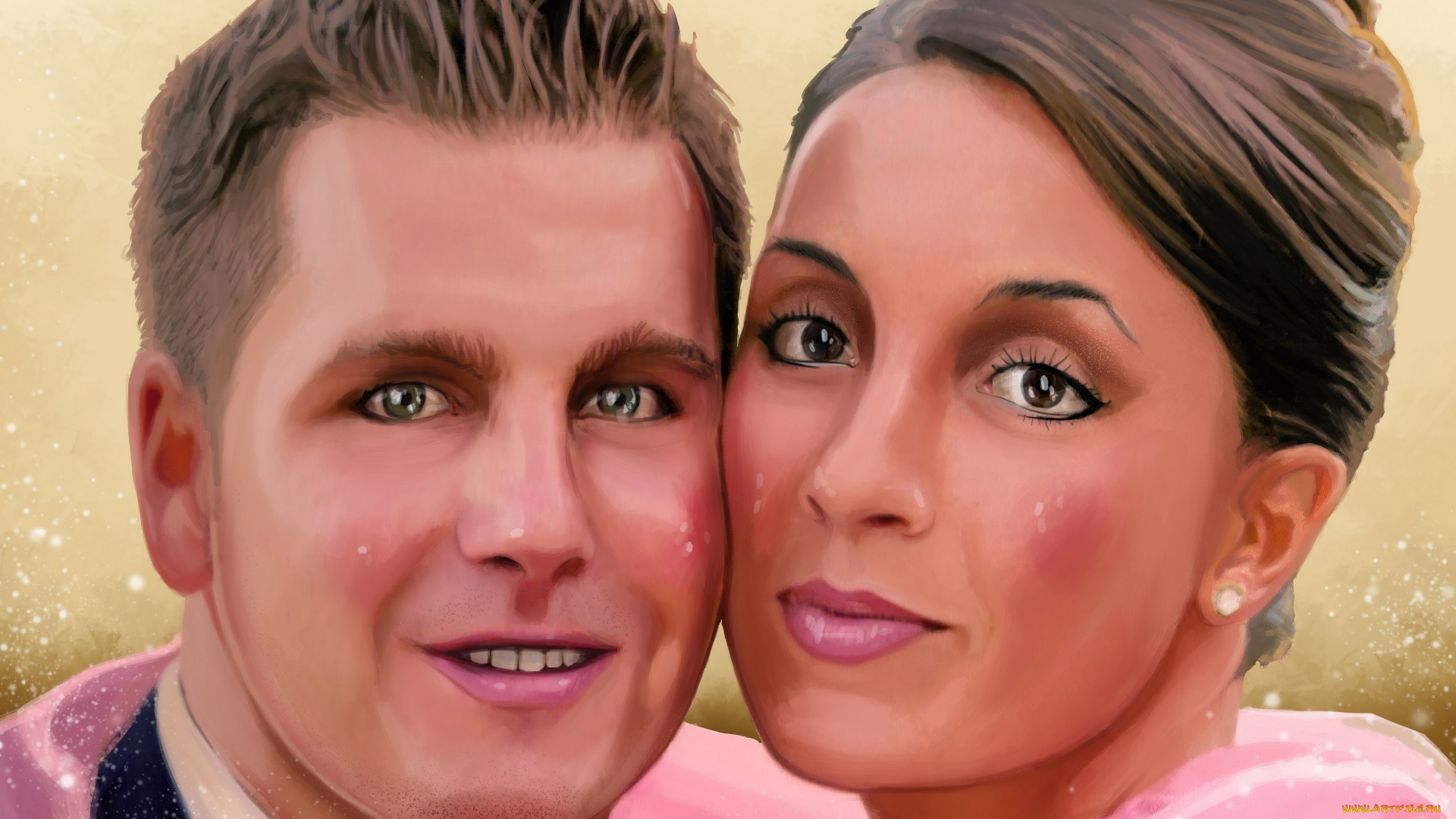 рисованное, живопись, девушка, мужчина, фон, взгляд, портрет