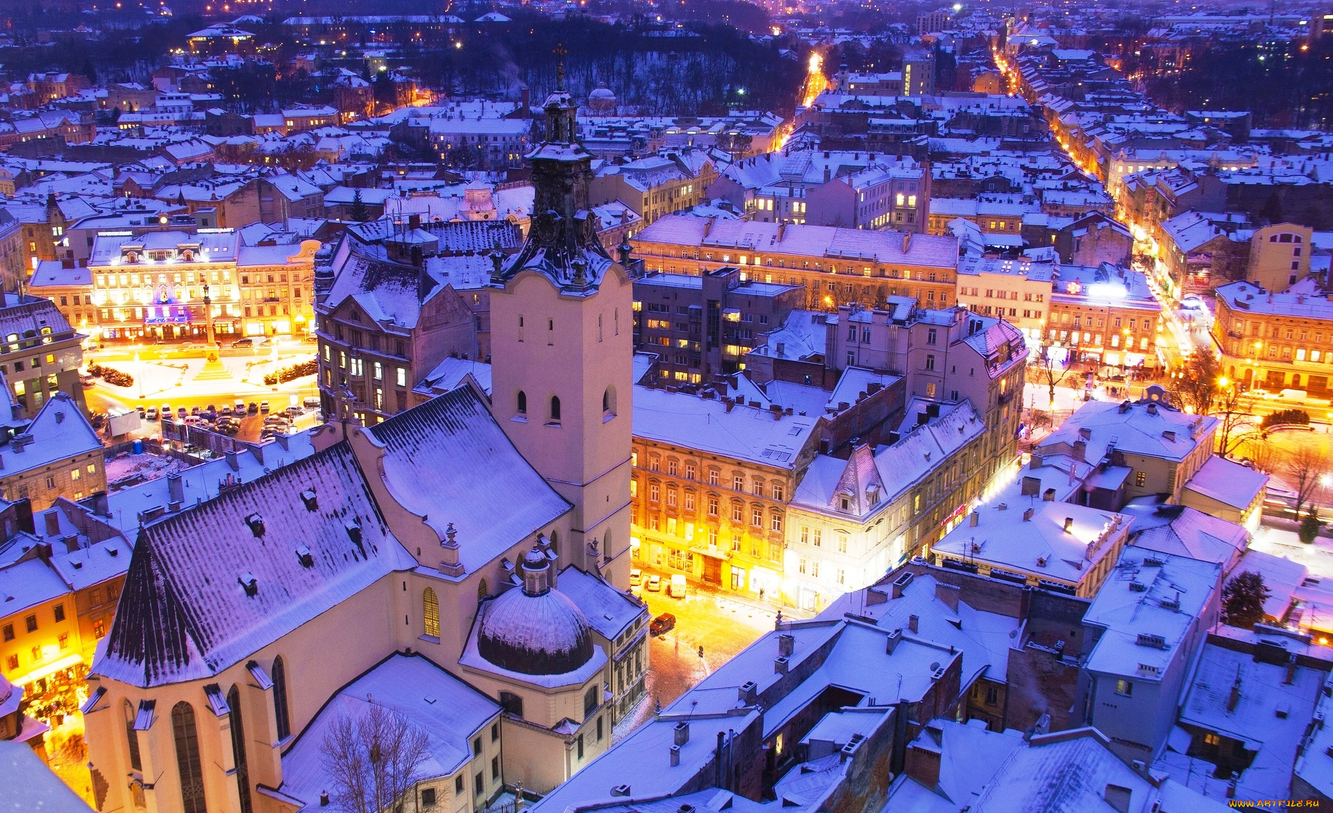 львов, города, -, огни, ночного, города, дома, город, панорама, вечер, здания, огни