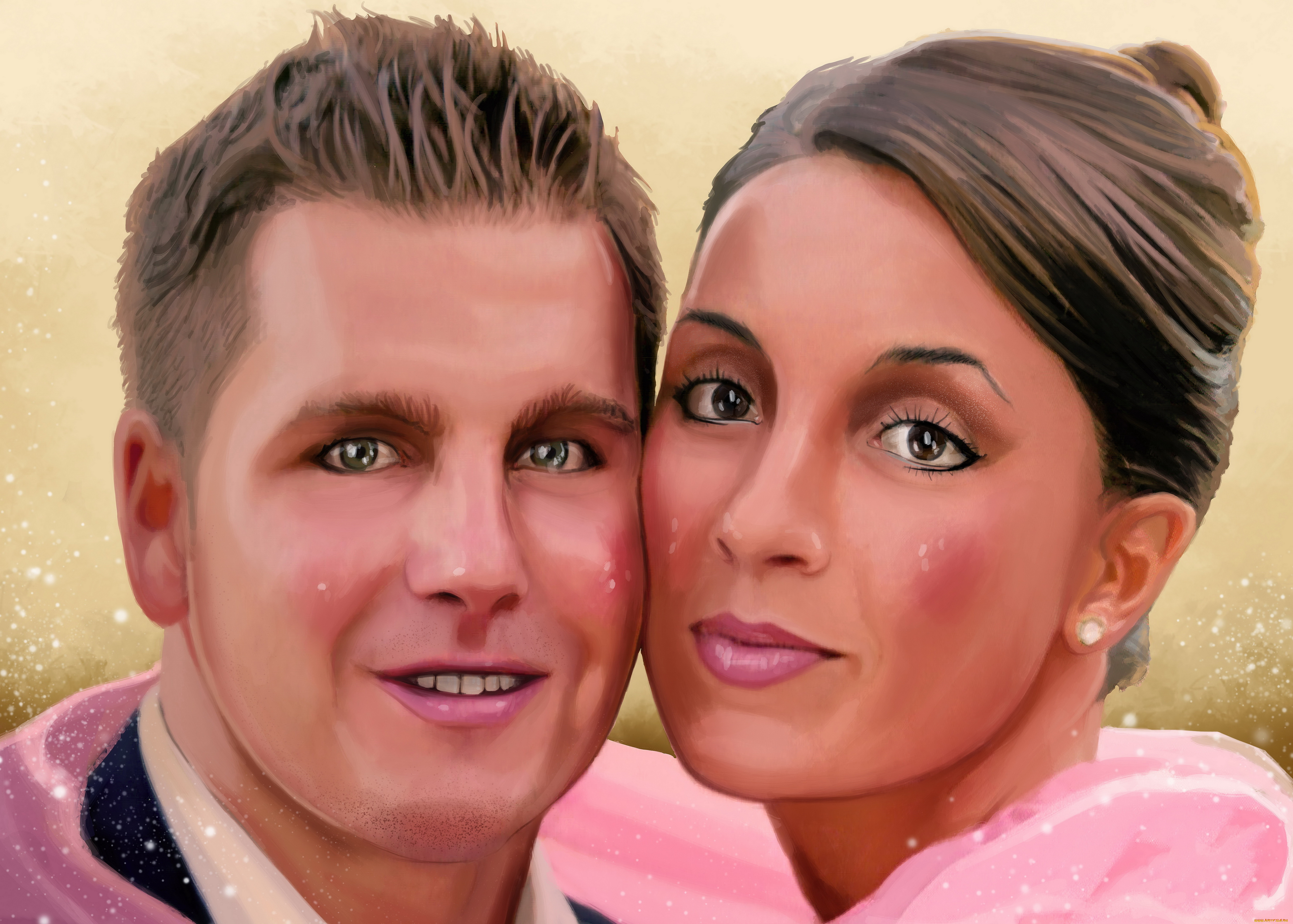 рисованное, живопись, девушка, мужчина, фон, взгляд, портрет