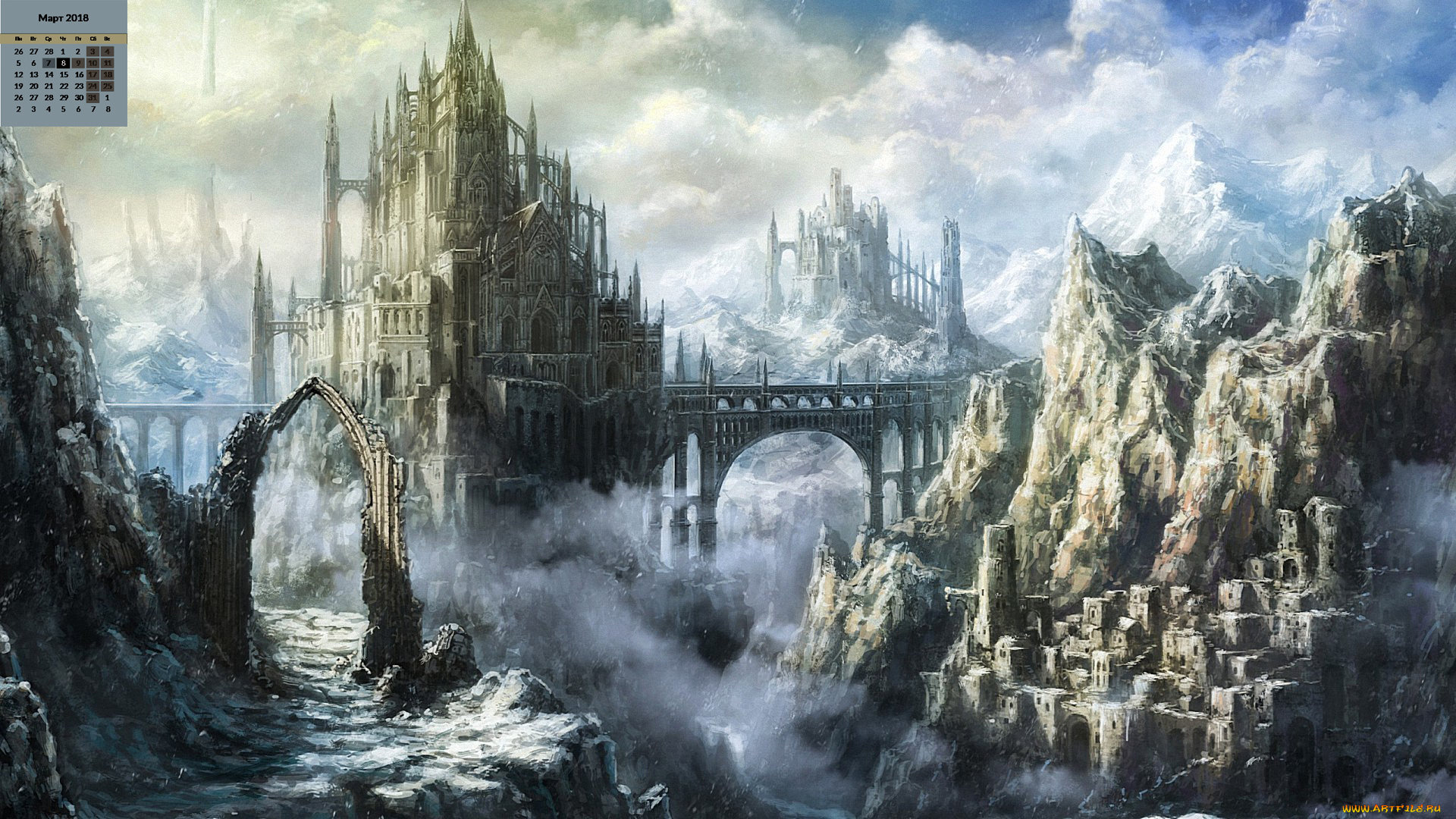 календари, фэнтези, замок, 2018, здание, мост