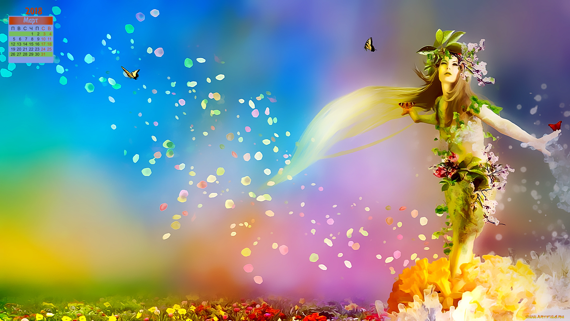 календари, компьютерный, дизайн, бабочка, цветы, взгляд, девушка, 2018