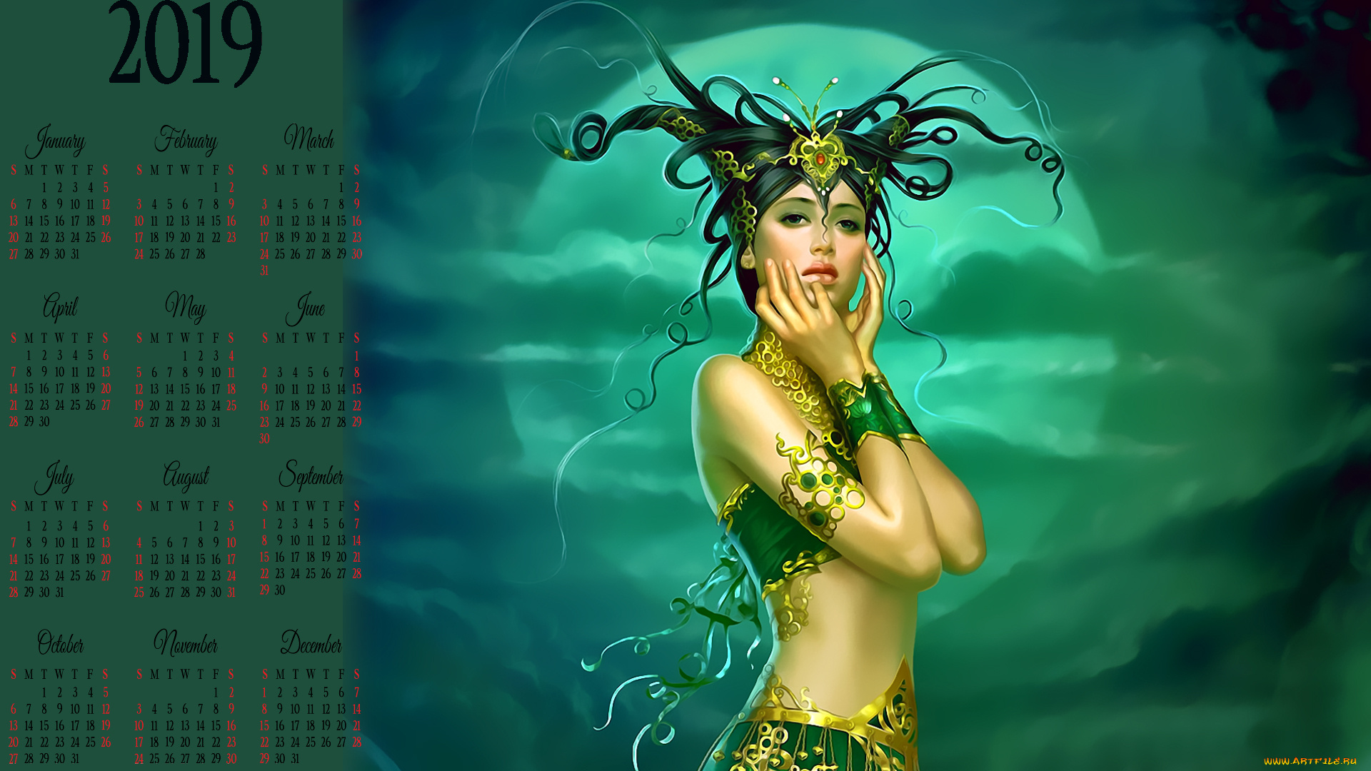 календари, фэнтези, девушка, луна