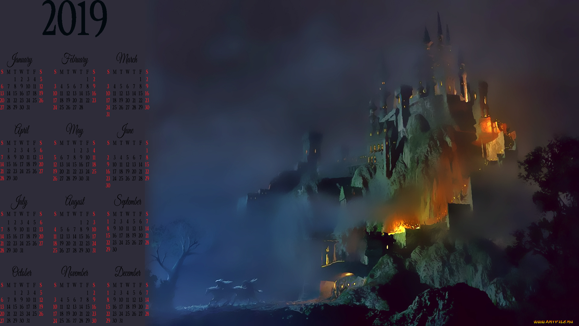 календари, фэнтези, ночь, замок