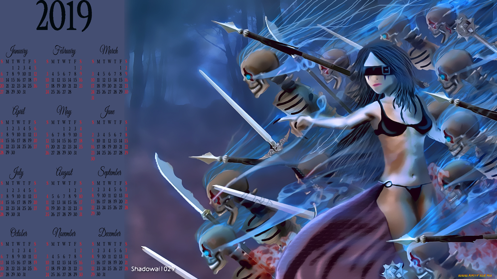 календари, фэнтези, оружие, скелет, девушка