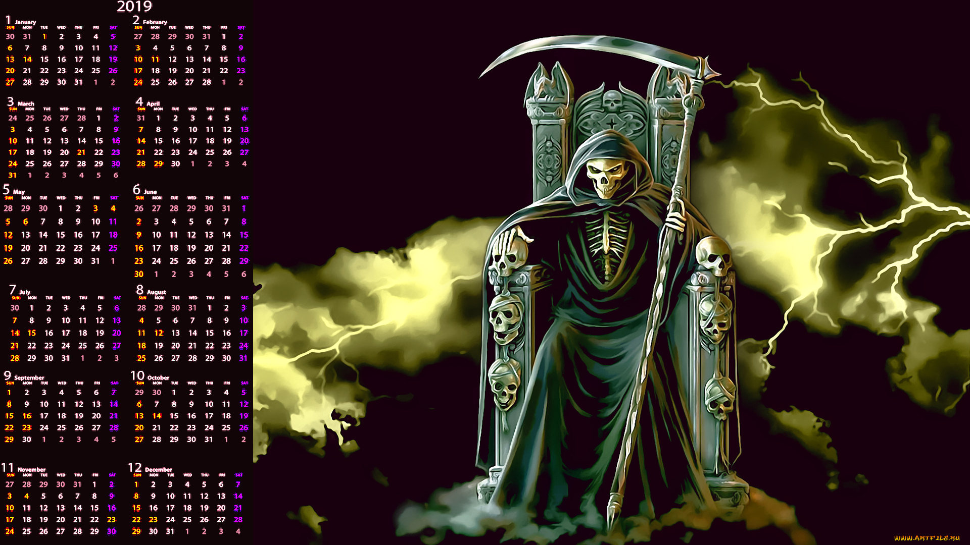 календари, фэнтези, смерть, плащ, коса, череп, молния, трон