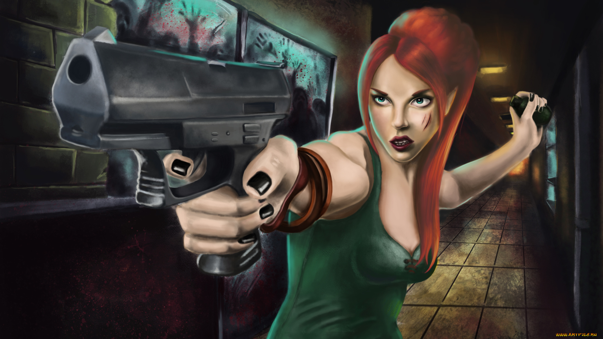 рисованное, люди, девушка, фон, взгляд, пистолет