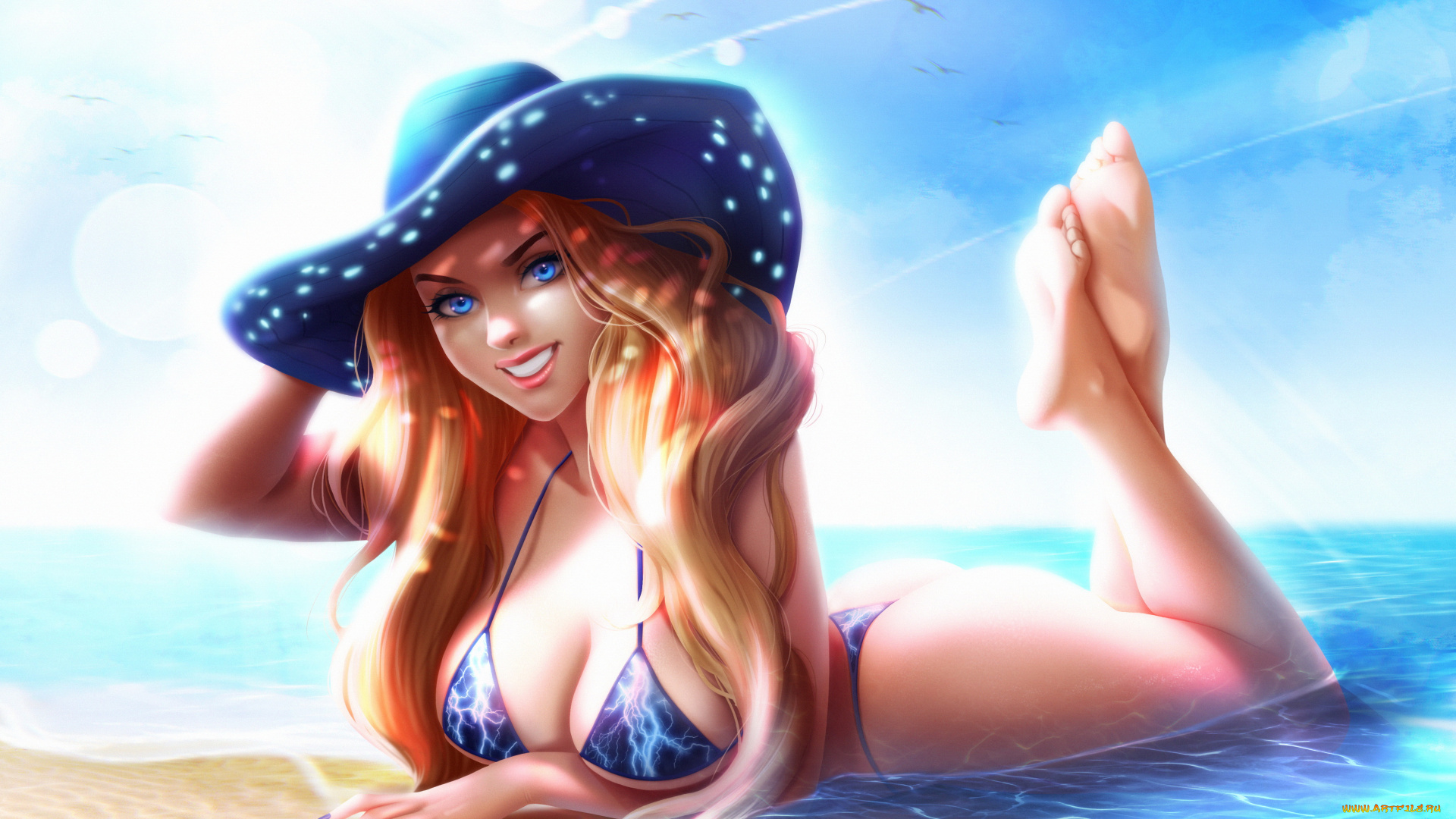 рисованное, люди, девушка, фон, взгляд, улыбка, море