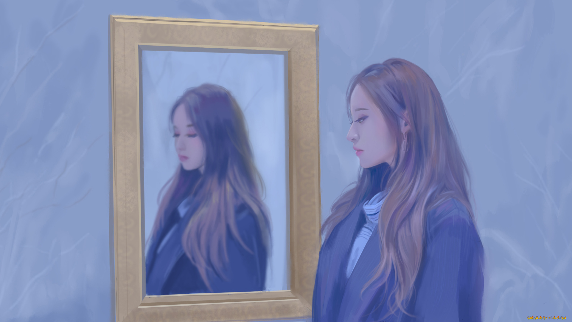 рисованное, люди, девушка, фон, зеркало