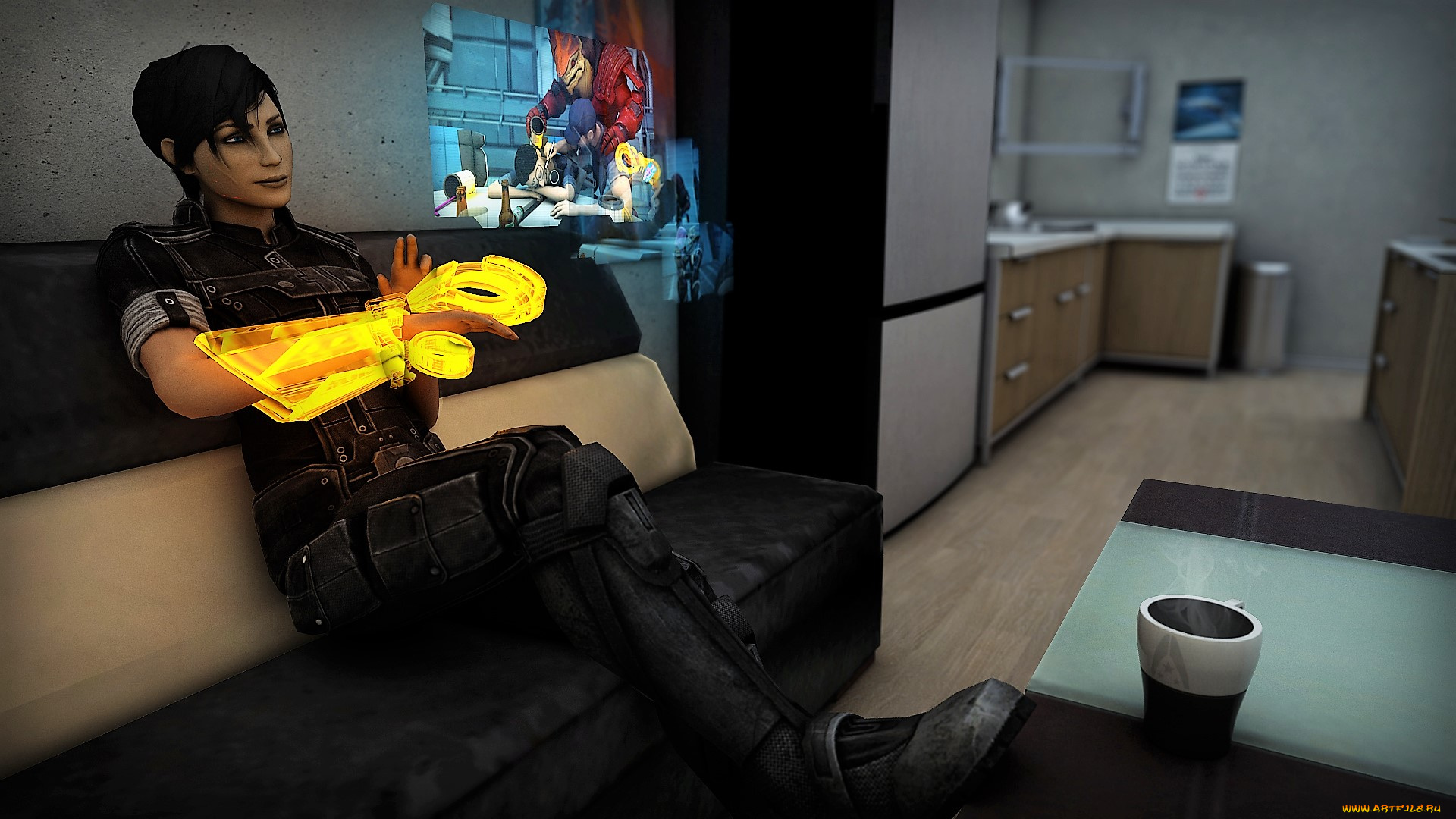 видео, игры, mass, effect, 3, комната, диван, девушка, видео