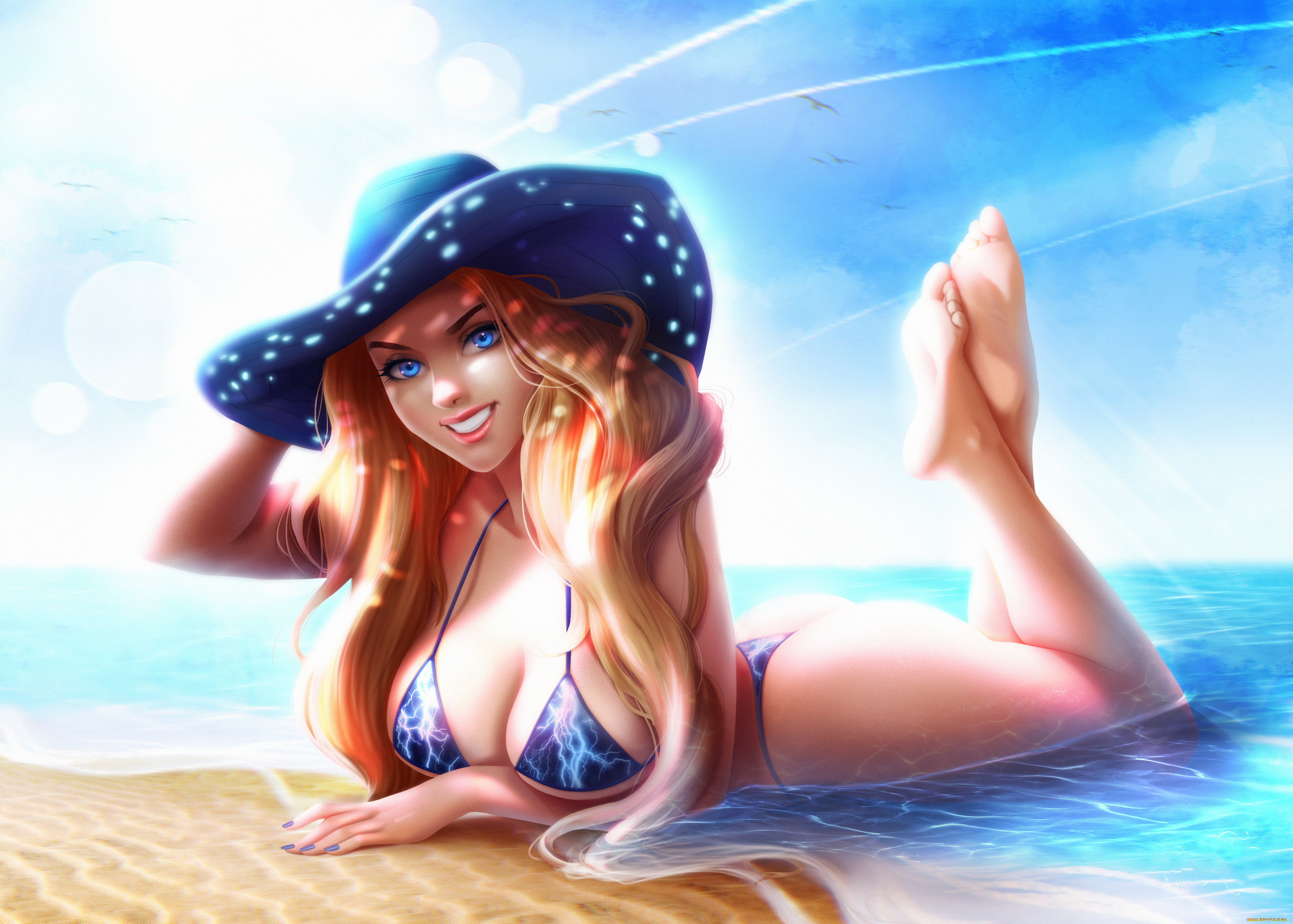 рисованное, люди, девушка, фон, взгляд, улыбка, море