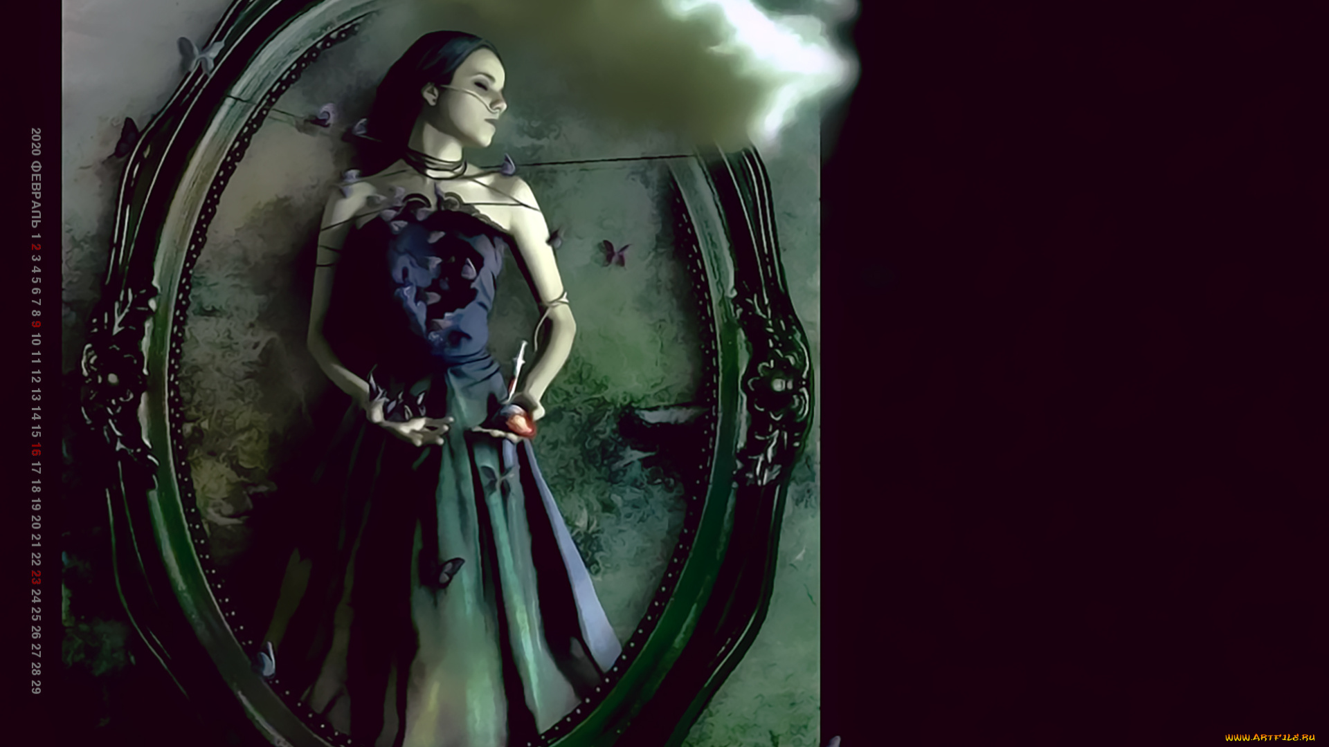 календари, фэнтези, облако, 2020, calendar, фон, черный, девушка, рамка