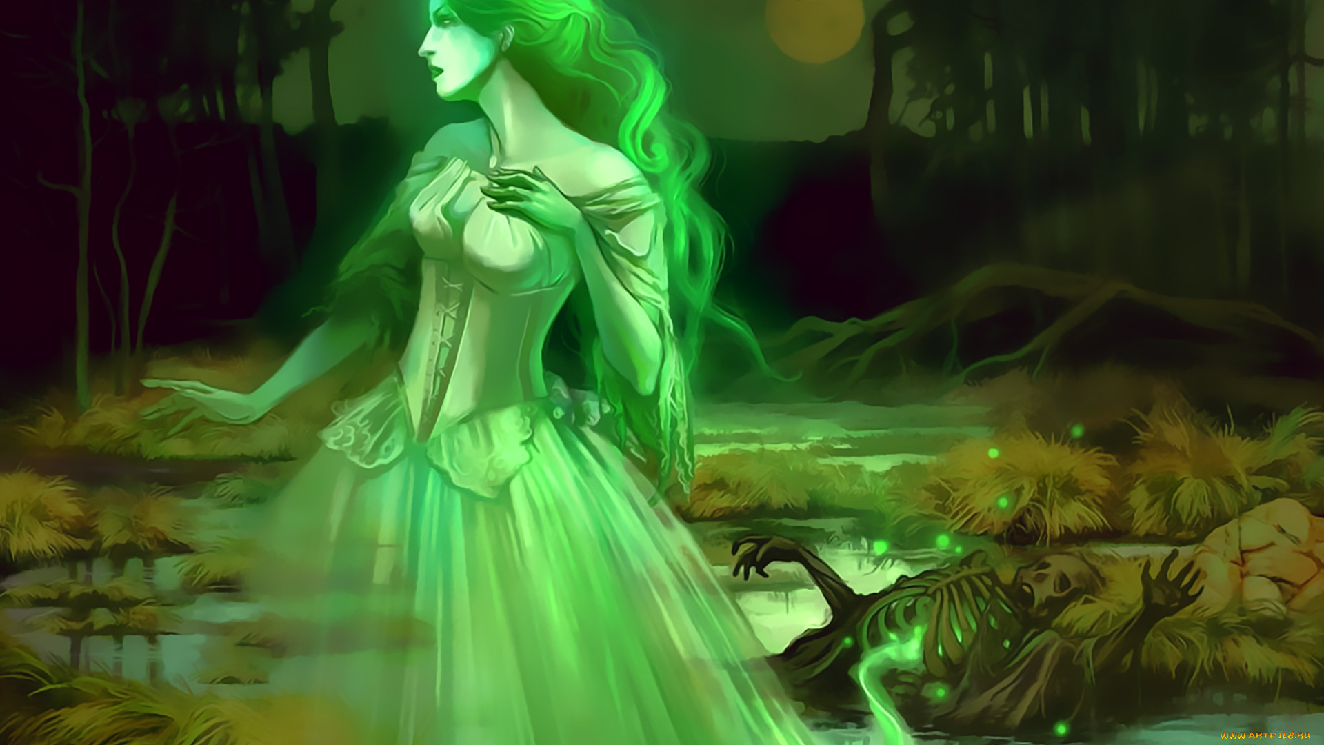 календари, фэнтези, скелет, привидение, девушка, болото, природа, calendar, 2020