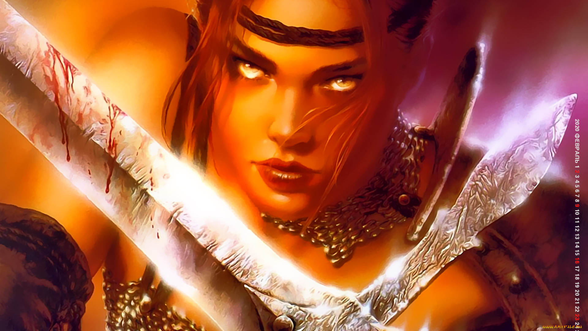 календари, фэнтези, взгляд, лицо, оружие, девушка, воительница, calendar, 2020